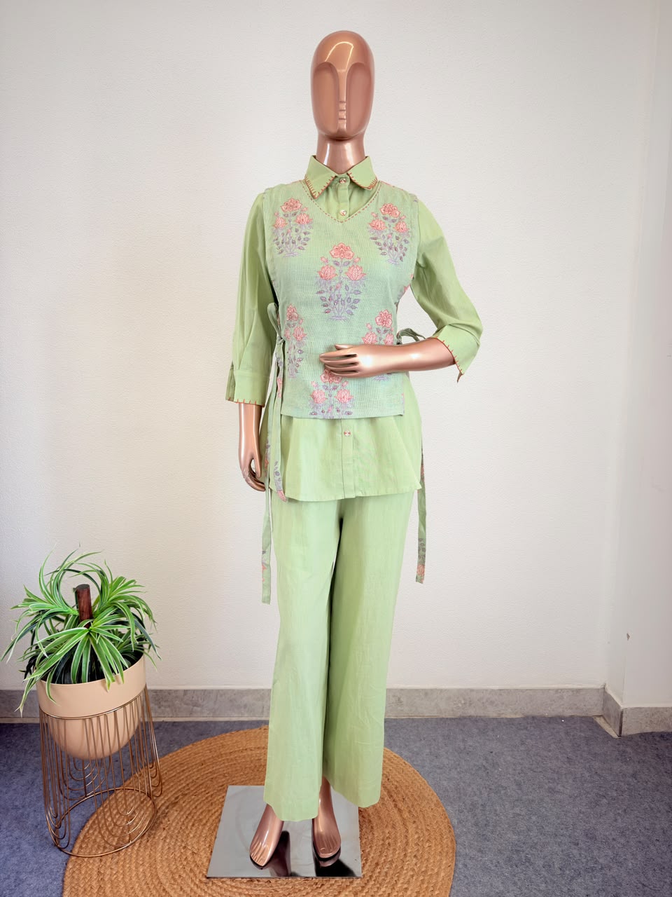 Cotton Flex Coords with Jute Cover Up- Pista Green