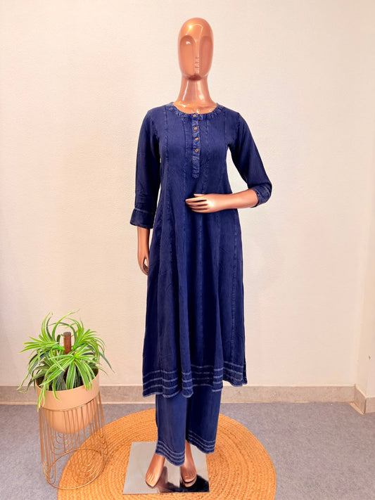 Stone Washed Anarkali Kurta Pant Set-Blue