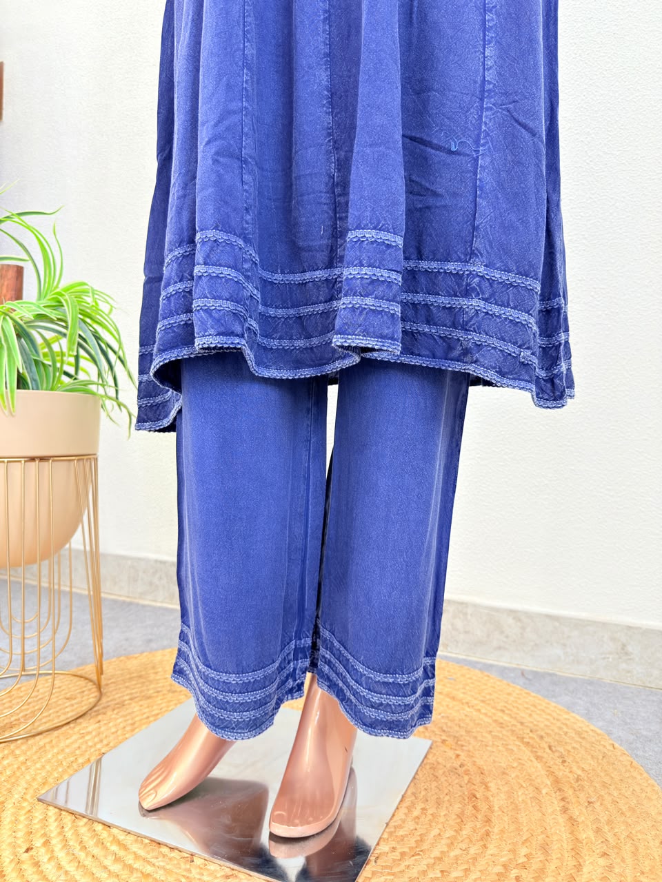 Stone Washed Anarkali Kurta Pant Set-Blue