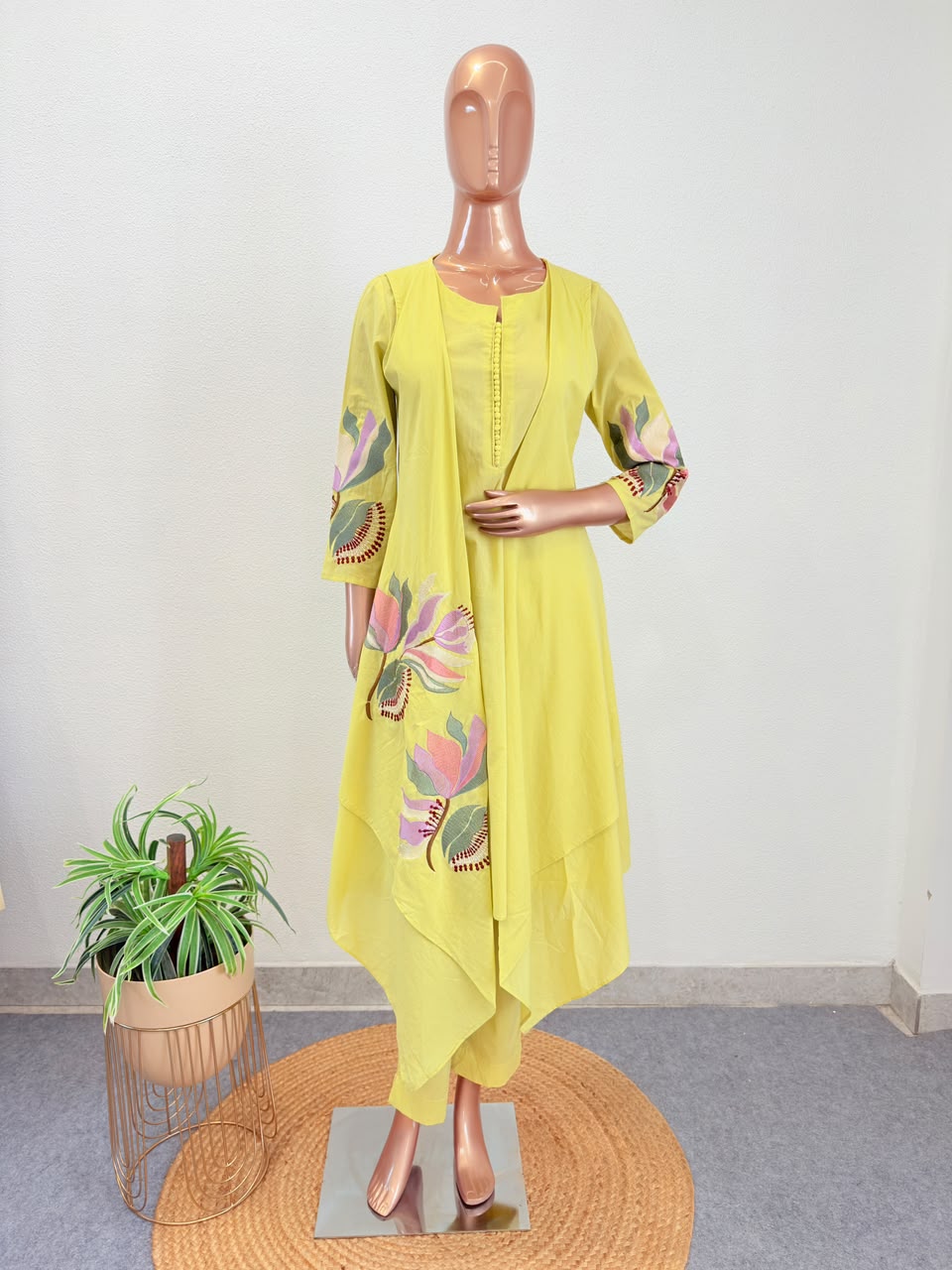 Cotton Kurta with attached Embroidered Jacket & Pant