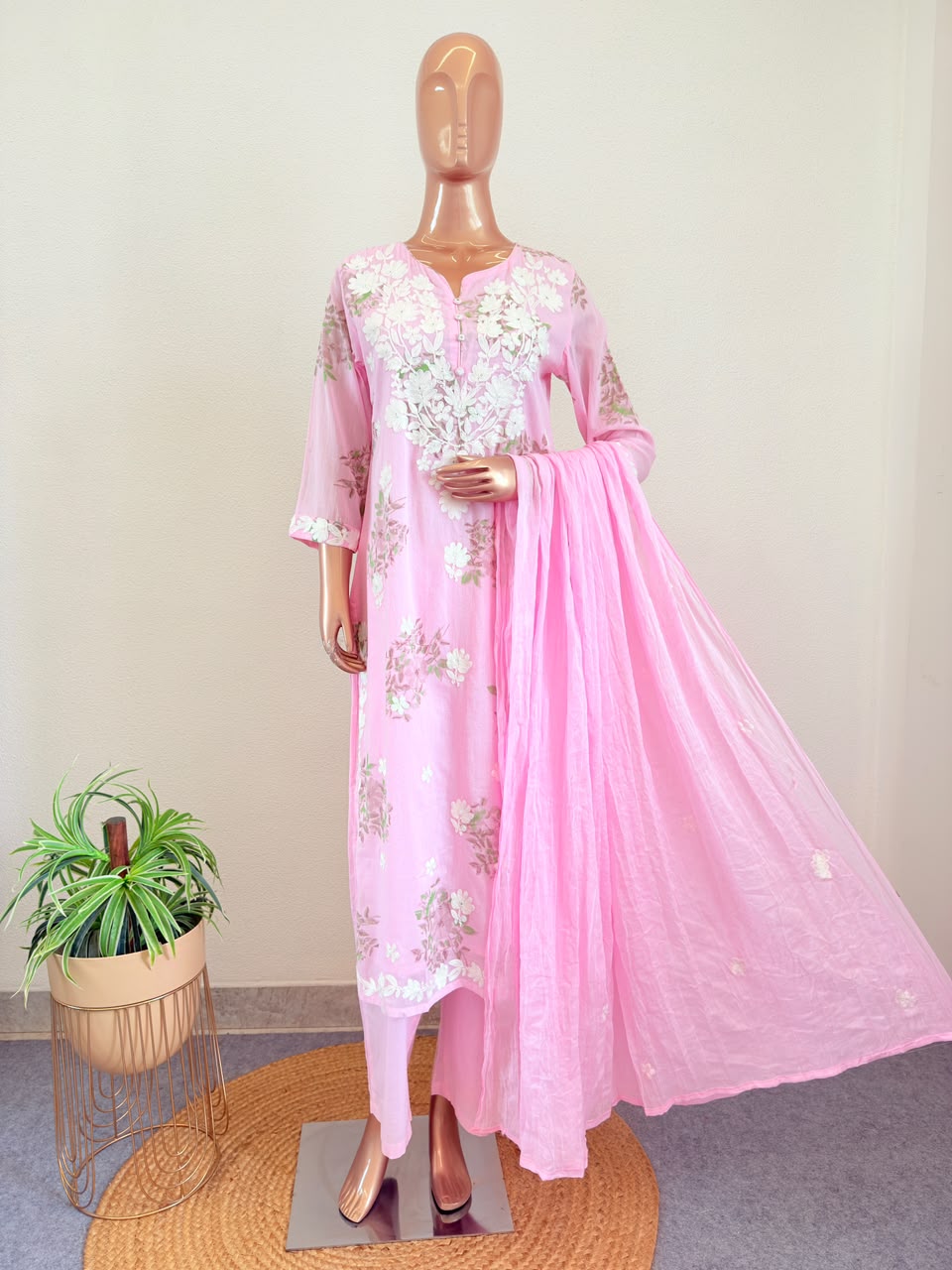 Floral Print Mul Cotton Suit Set with Aari work