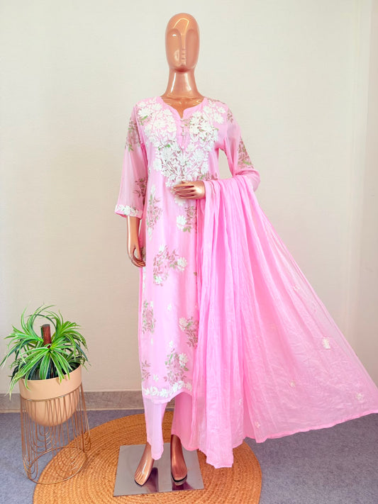 Floral Print Mul Cotton Suit Set with Aari work