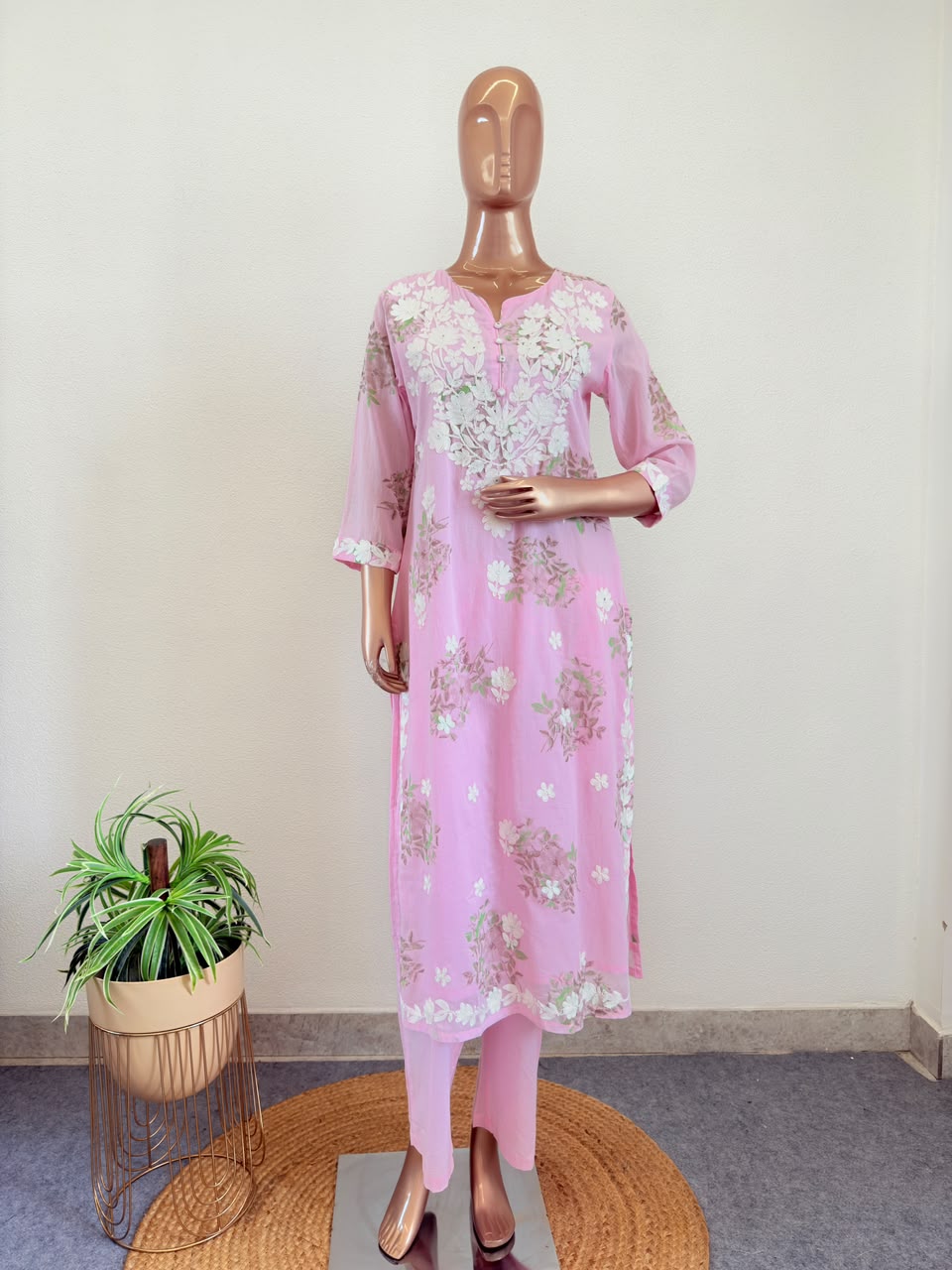 Floral Print Mul Cotton Suit Set with Aari work