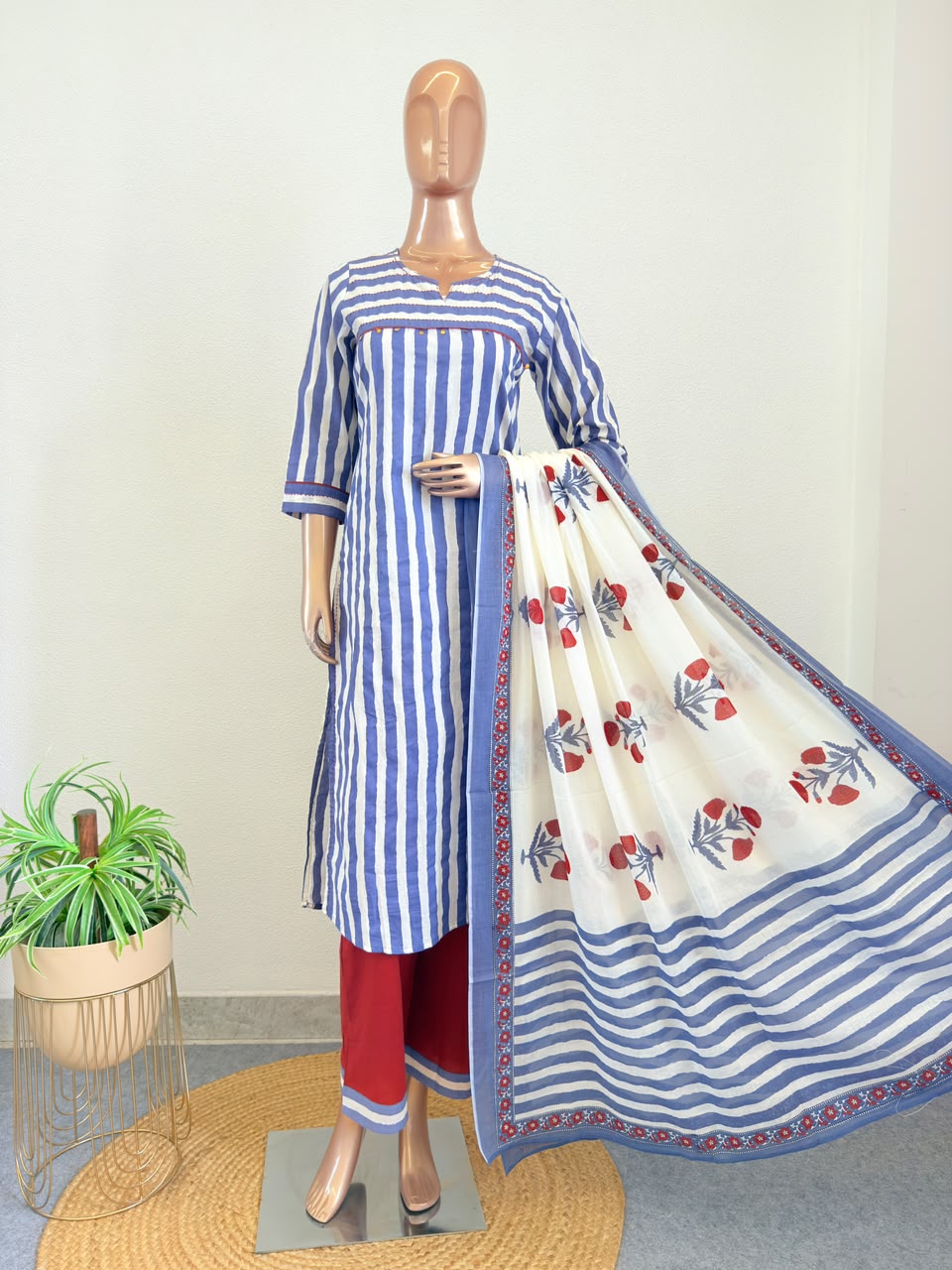 Striped Cotton Suit Set with Block Print Dupatta- Blue