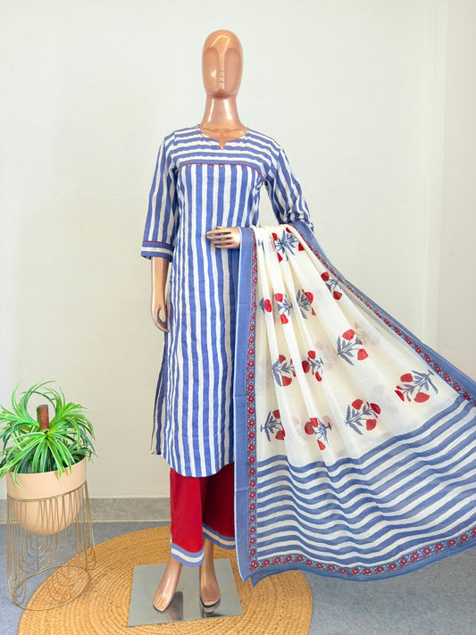 Striped Cotton Suit Set with Block Print Dupatta- Blue