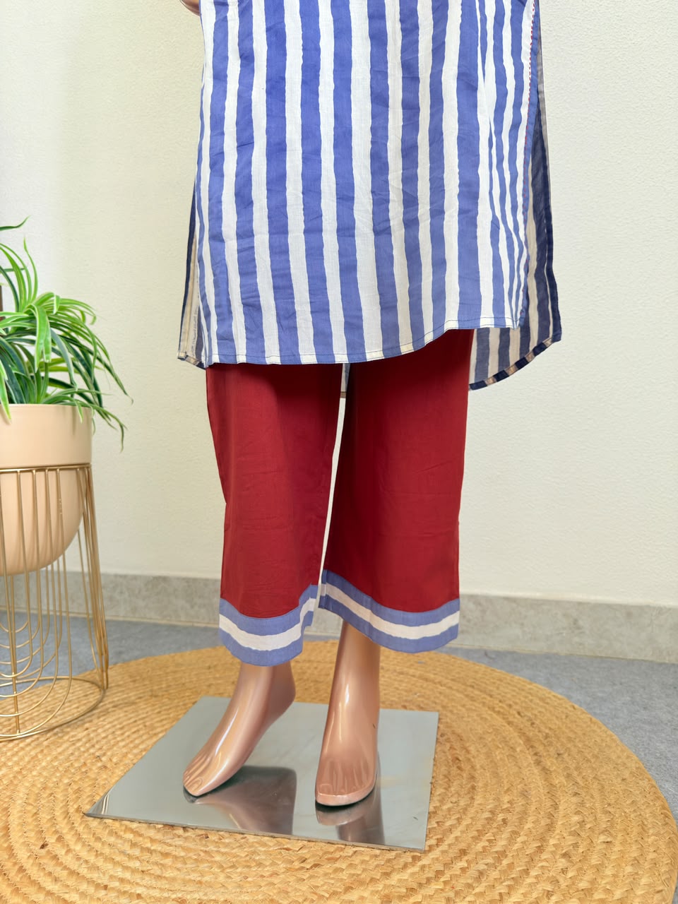 Striped Cotton Suit Set with Block Print Dupatta- Blue