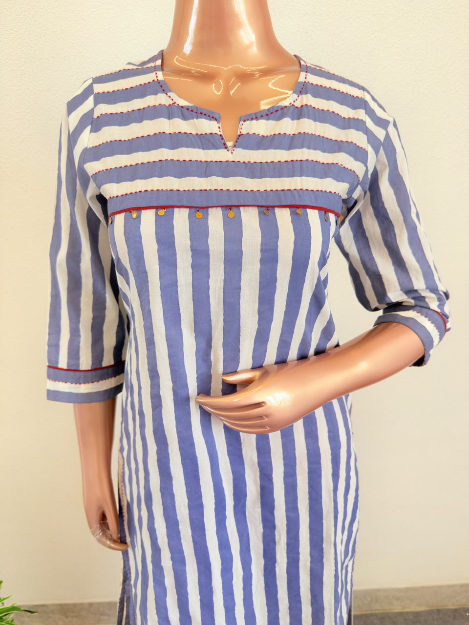 Striped Cotton Suit Set with Block Print Dupatta- Blue