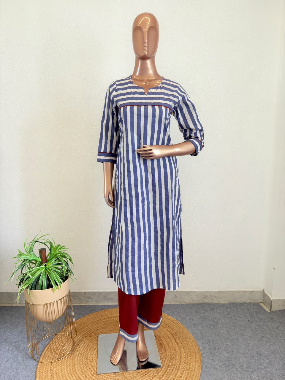Striped Cotton Suit Set with Block Print Dupatta- Blue