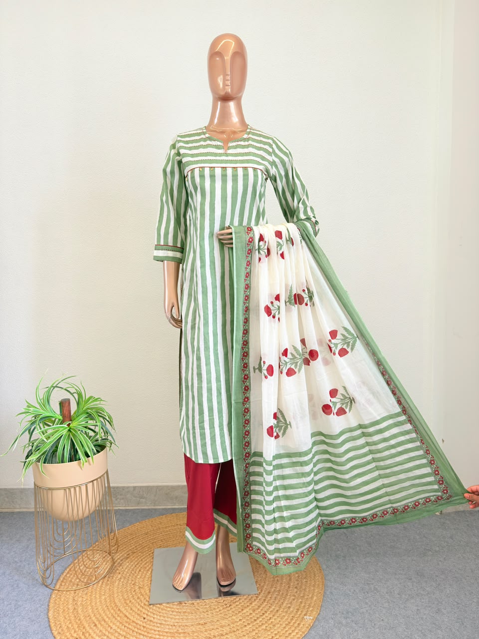 Striped Cotton Suit Set with Block Print Dupatta- Green