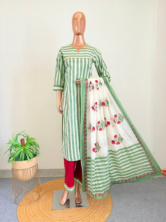 Striped Cotton Suit Set with Block Print Dupatta- Green