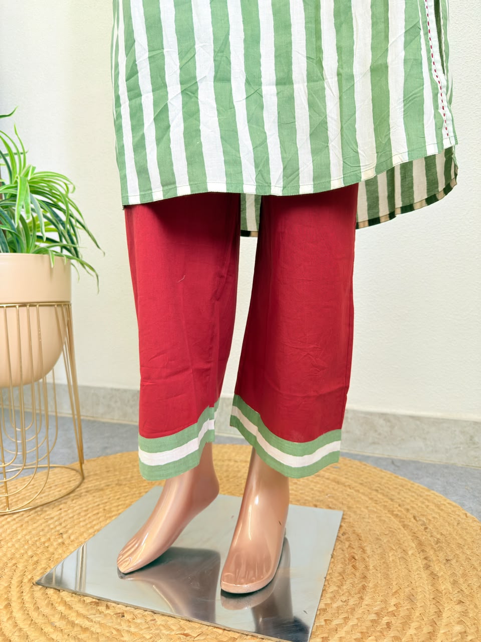 Striped Cotton Suit Set with Block Print Dupatta- Green