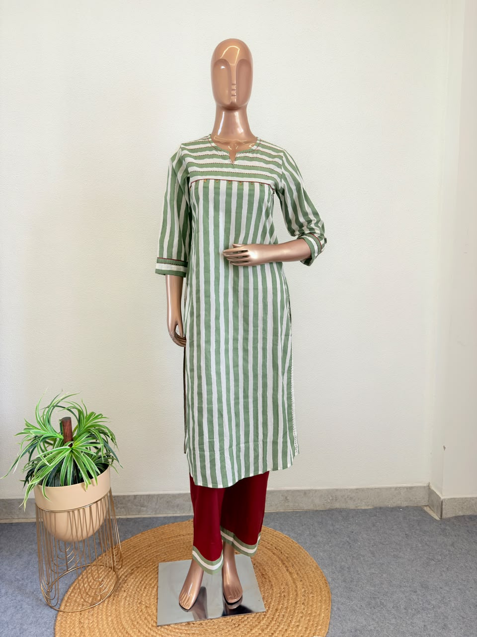Striped Cotton Suit Set with Block Print Dupatta- Green