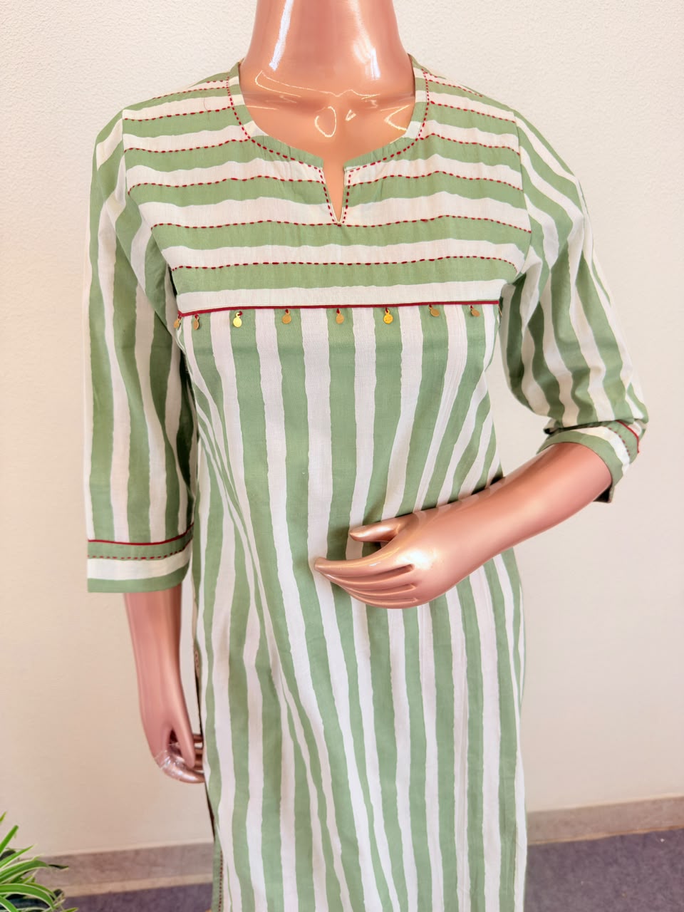 Striped Cotton Suit Set with Block Print Dupatta- Green