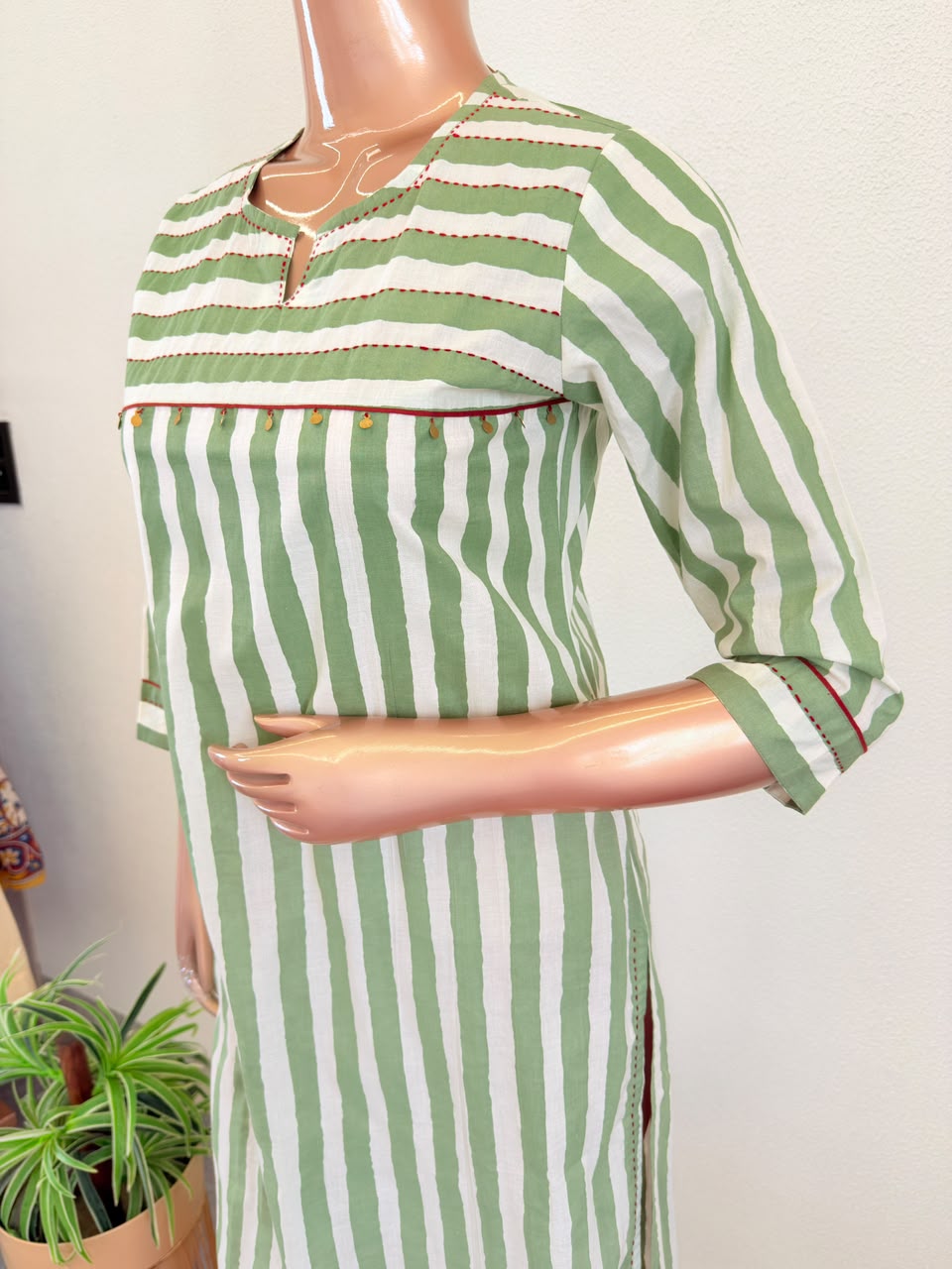 Striped Cotton Suit Set with Block Print Dupatta- Green