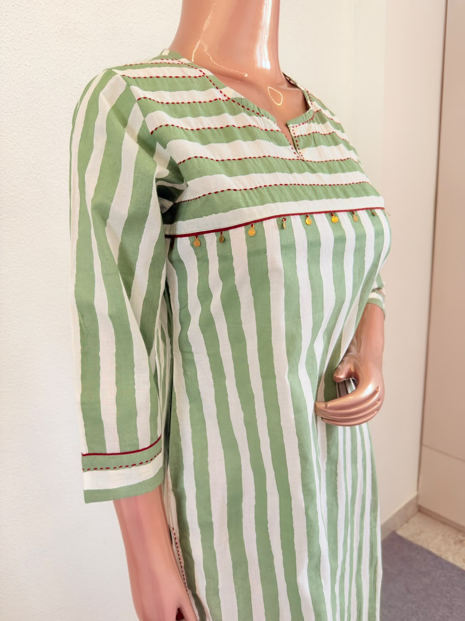 Striped Cotton Suit Set with Block Print Dupatta- Green
