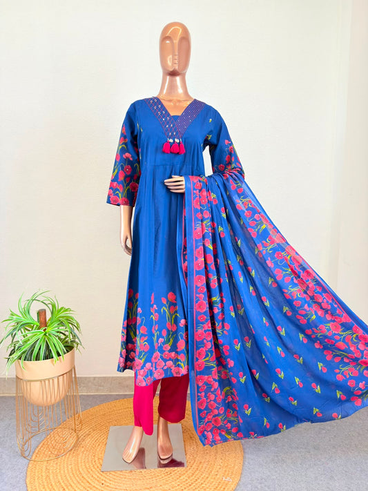 Digital Print Anarkali Suit Set with Contrast Pants