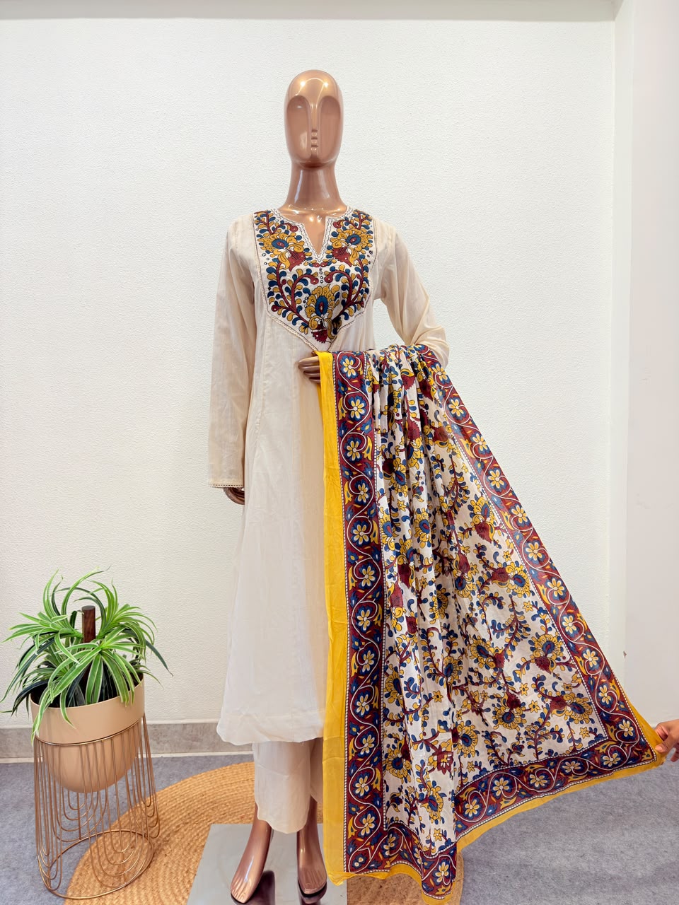 Cotton Anarkali Suit Set with Embroidered Yoke & Kalamkari Print Dupatta