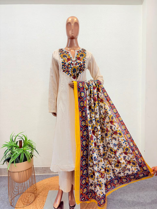 Cotton Anarkali Suit Set with Embroidered Yoke & Kalamkari Print Dupatta