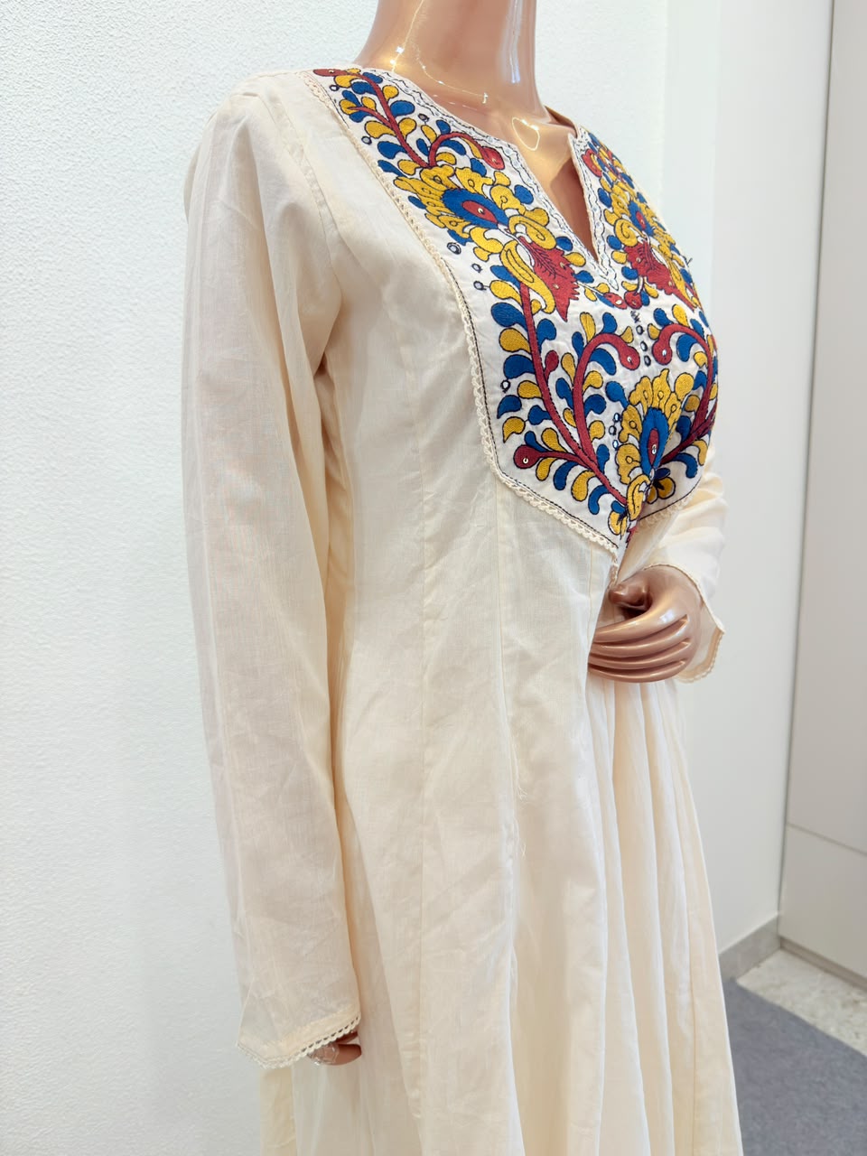 Cotton Anarkali Suit Set with Embroidered Yoke & Kalamkari Print Dupatta