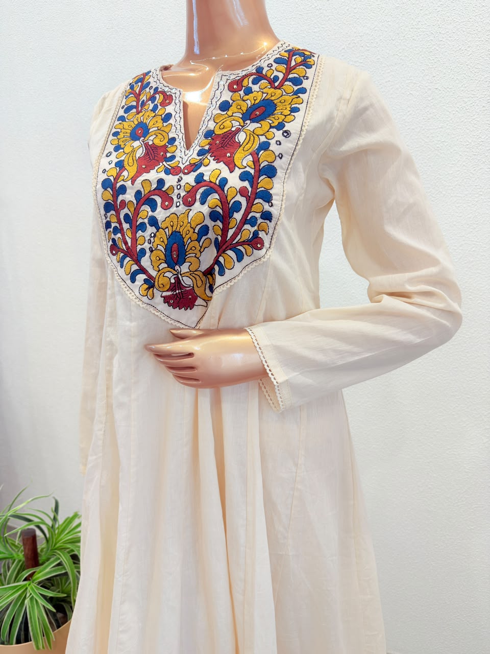 Cotton Anarkali Suit Set with Embroidered Yoke & Kalamkari Print Dupatta