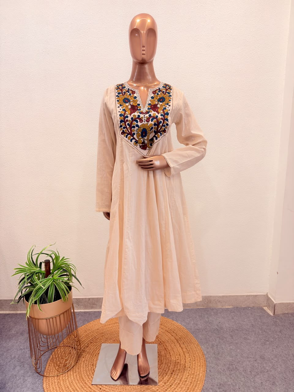 Cotton Anarkali Suit Set with Embroidered Yoke & Kalamkari Print Dupatta