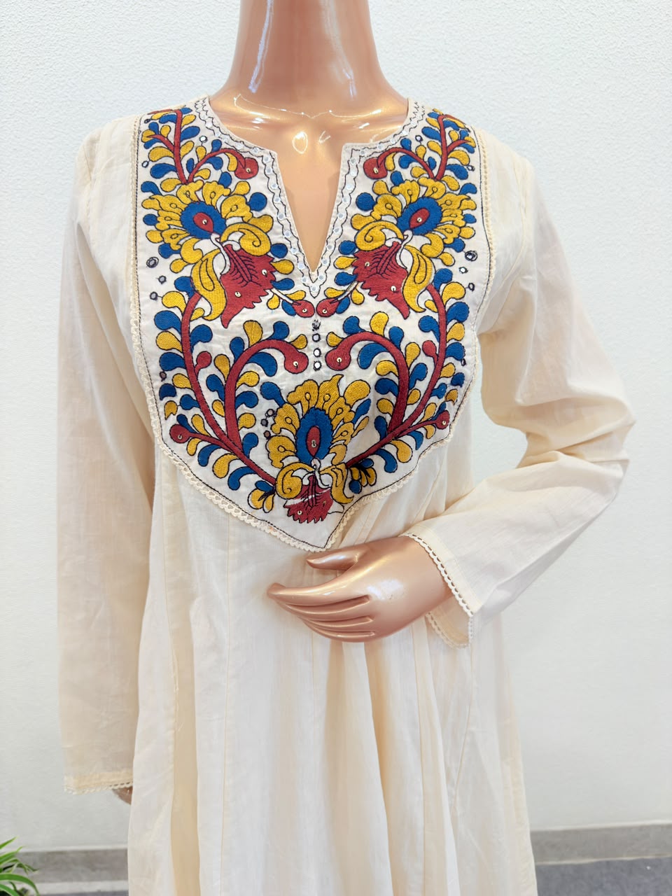 Cotton Anarkali Suit Set with Embroidered Yoke & Kalamkari Print Dupatta