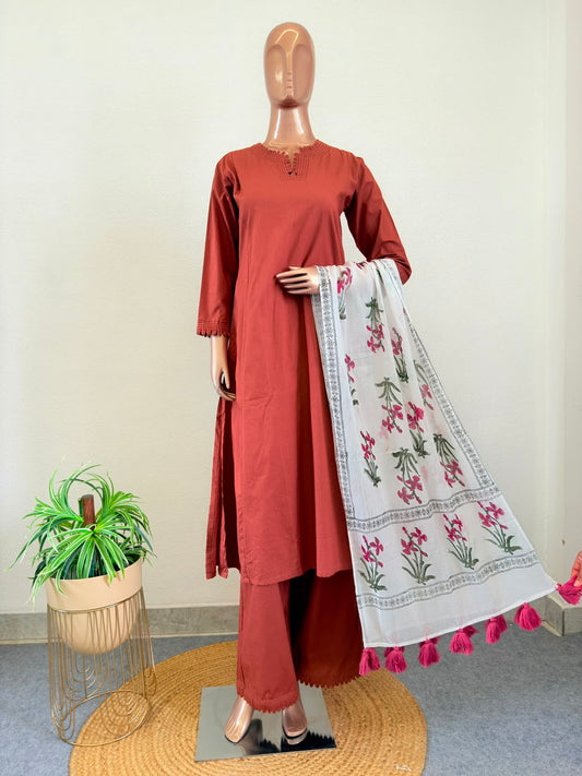 Premium Cotton Kurta Palazzo Set with Block Print Stole