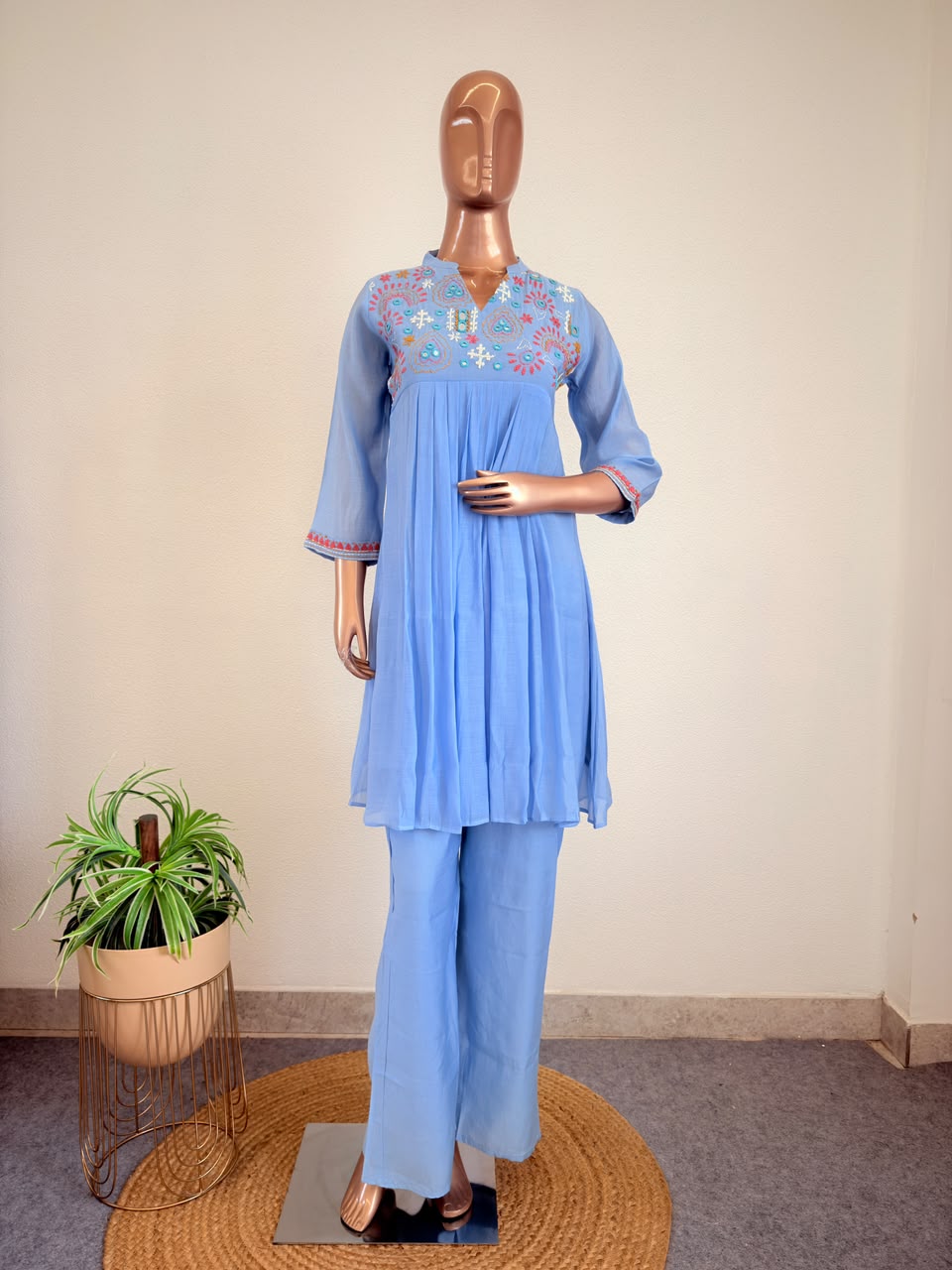 Mul Chanderi Hand Embroidered Coord Set