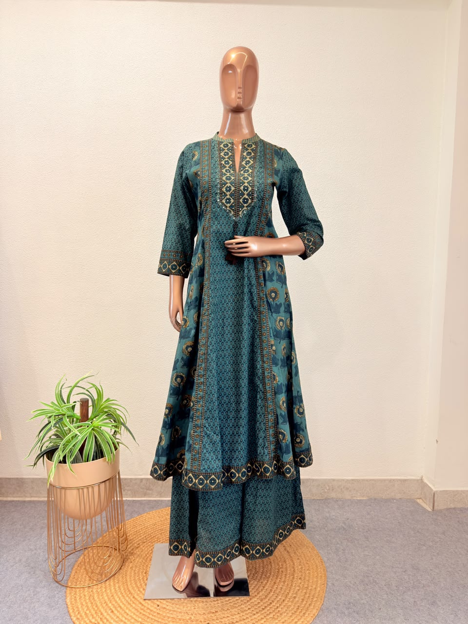 Jaipuri Print A-Line Suit Set with Wide Divider Palazzo