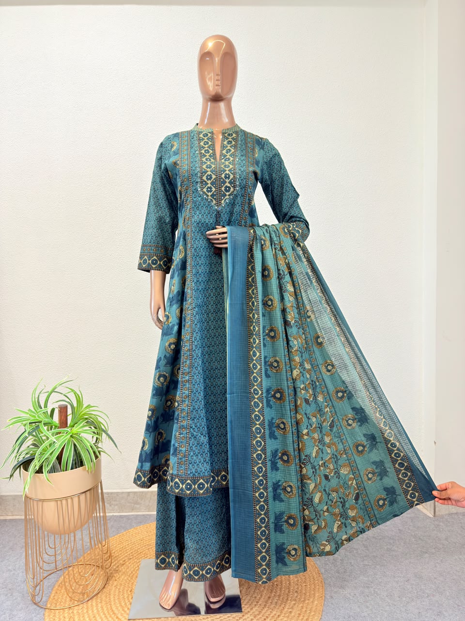 Jaipuri Print A-Line Suit Set with Wide Divider Palazzo