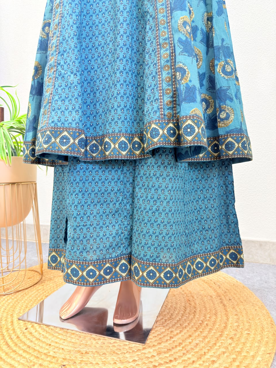 Jaipuri Print A-Line Suit Set with Wide Divider Palazzo