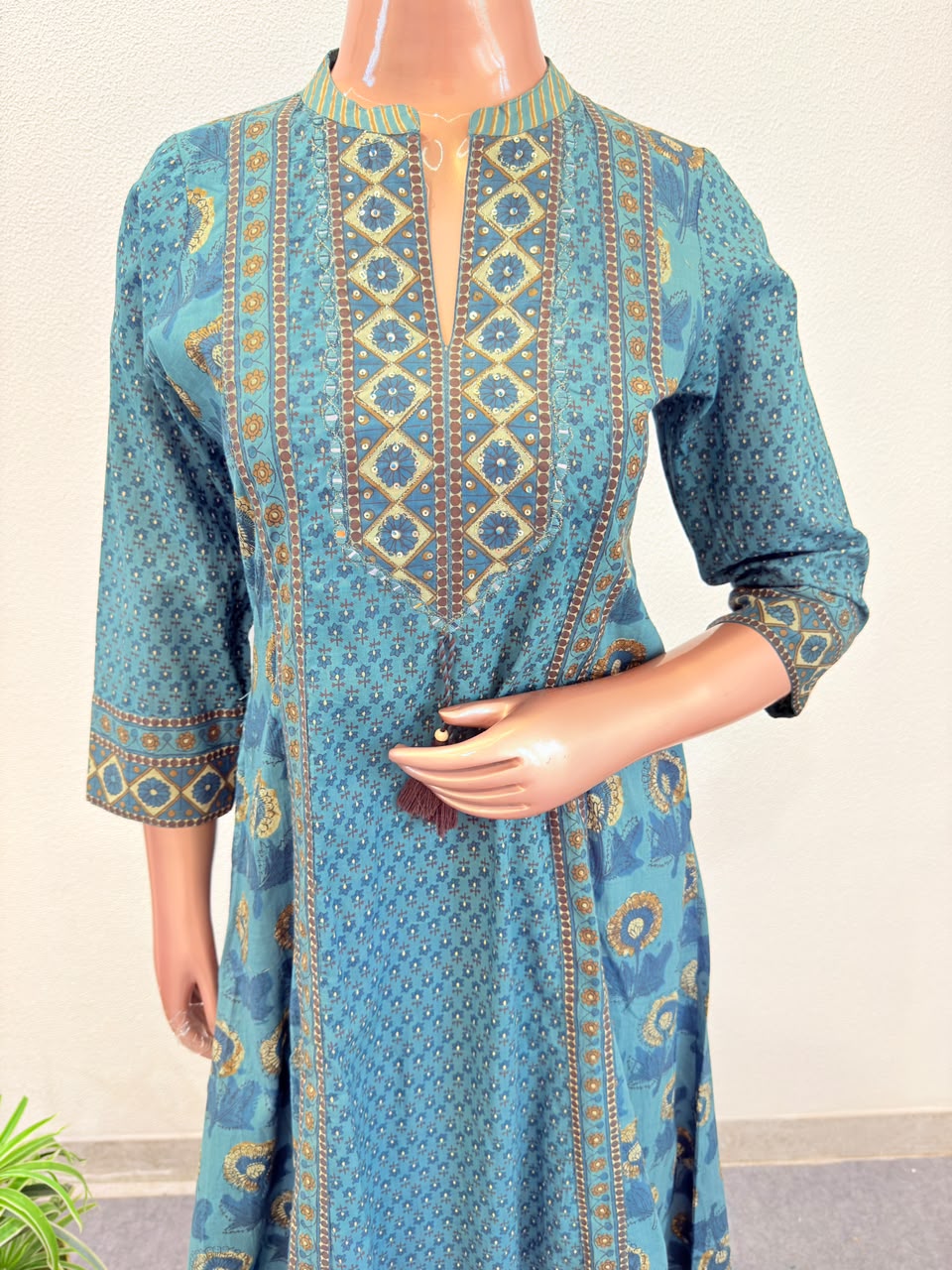 Jaipuri Print A-Line Suit Set with Wide Divider Palazzo
