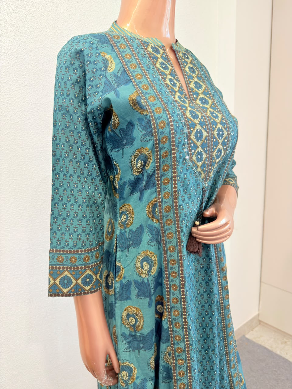 Jaipuri Print A-Line Suit Set with Wide Divider Palazzo