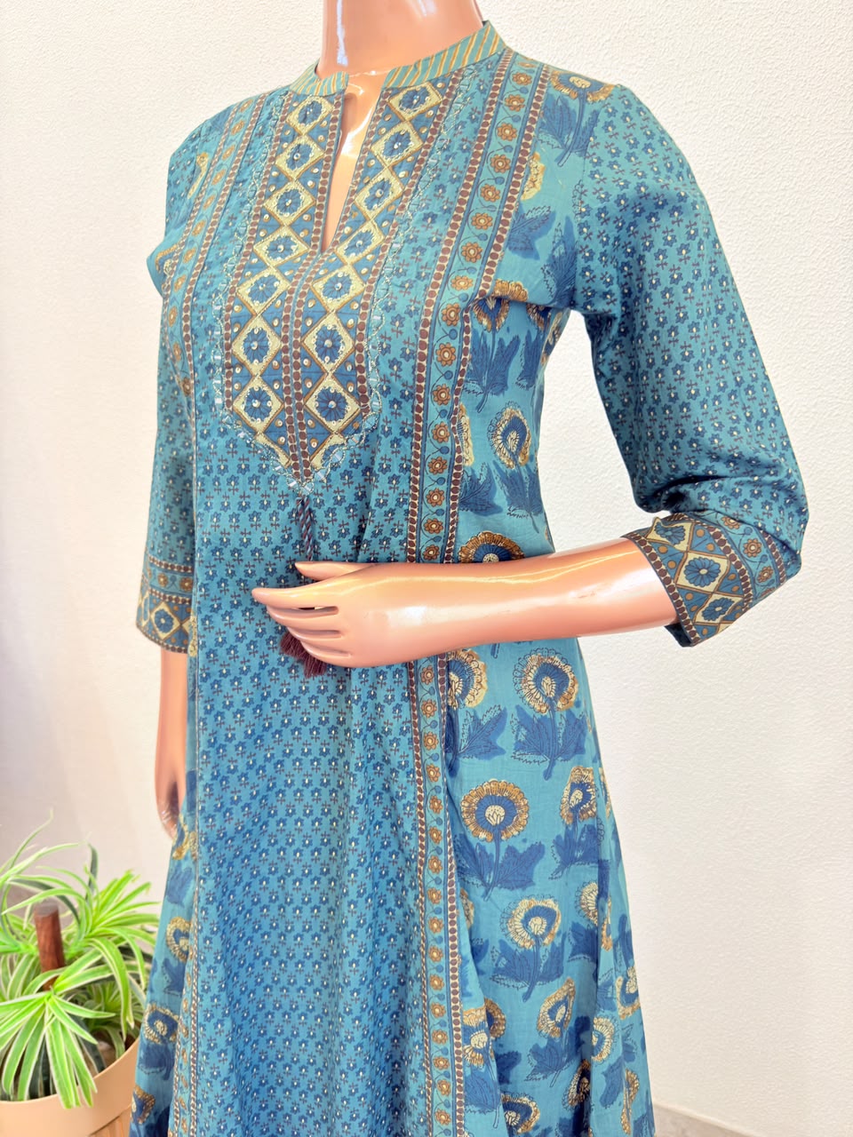 Jaipuri Print A-Line Suit Set with Wide Divider Palazzo