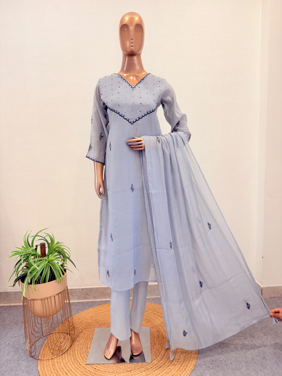 Semi-Mul Chanderi Suit Set with Hand Embroidery