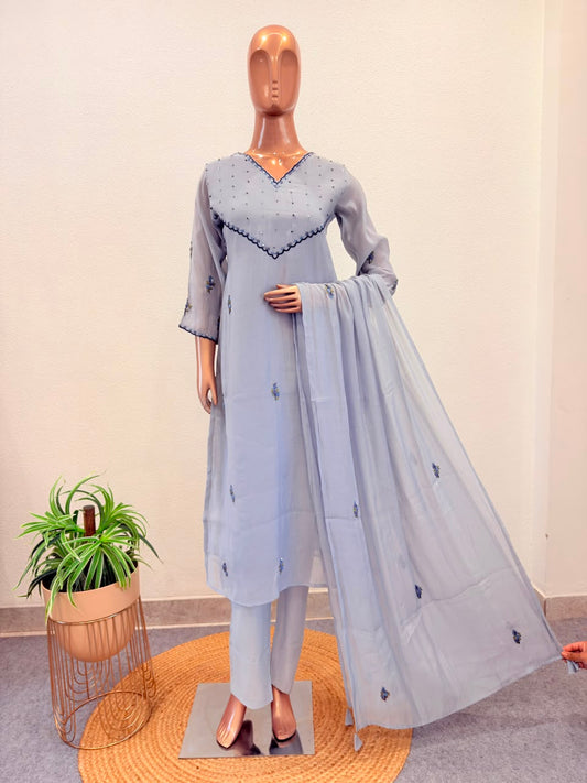 Semi-Mul Chanderi Suit Set with Hand Embroidery