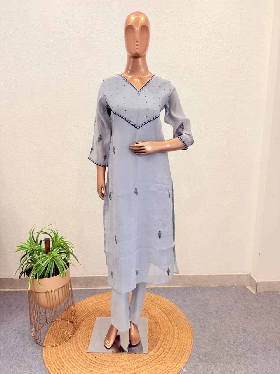 Semi-Mul Chanderi Suit Set with Hand Embroidery