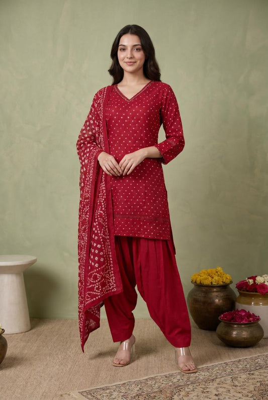 Bandhani Print V-Neck Short Kurta Set with Farshi Salwar & Dupatta