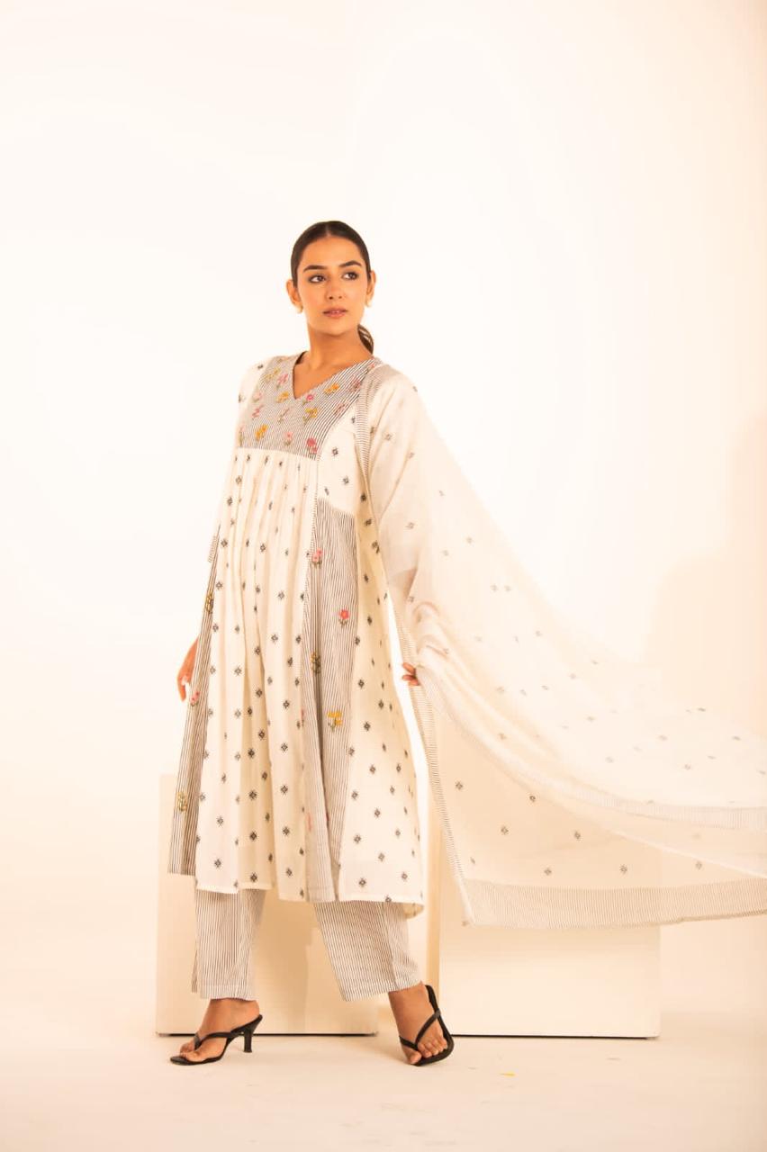 Mul Cotton A- Line Suit with Embroidered Yolk