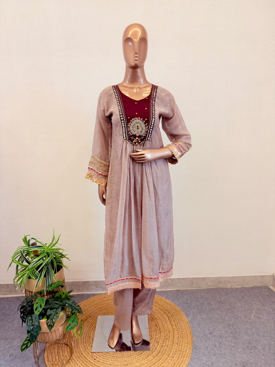 Mul Chanderi Frock Suit with Contrast Yoke And Mukaish Work
