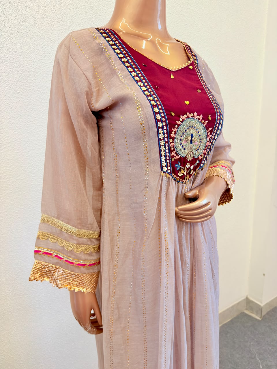 Mul Chanderi Frock Suit with Contrast Yoke And Mukaish Work