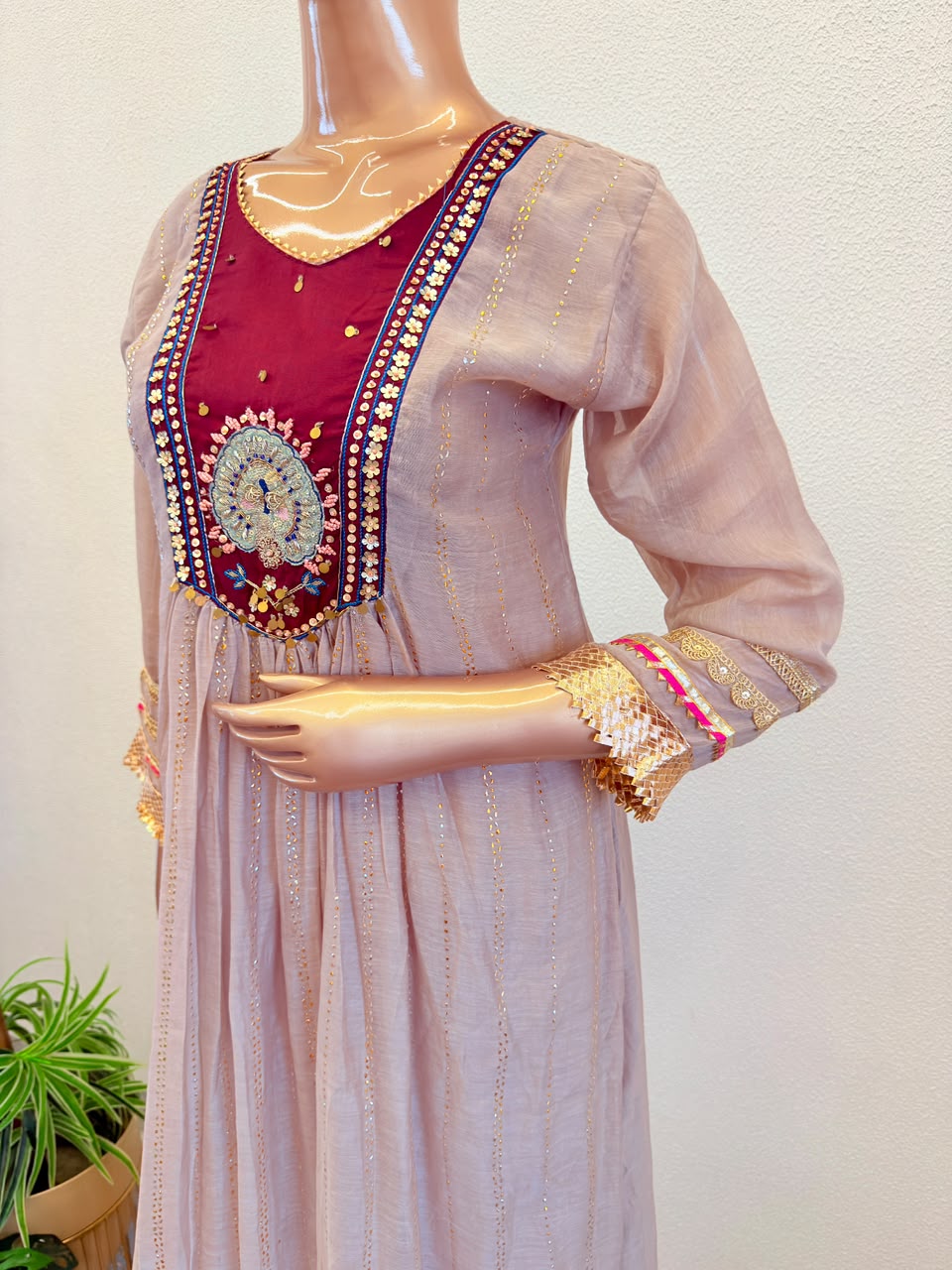 Mul Chanderi Frock Suit with Contrast Yoke And Mukaish Work