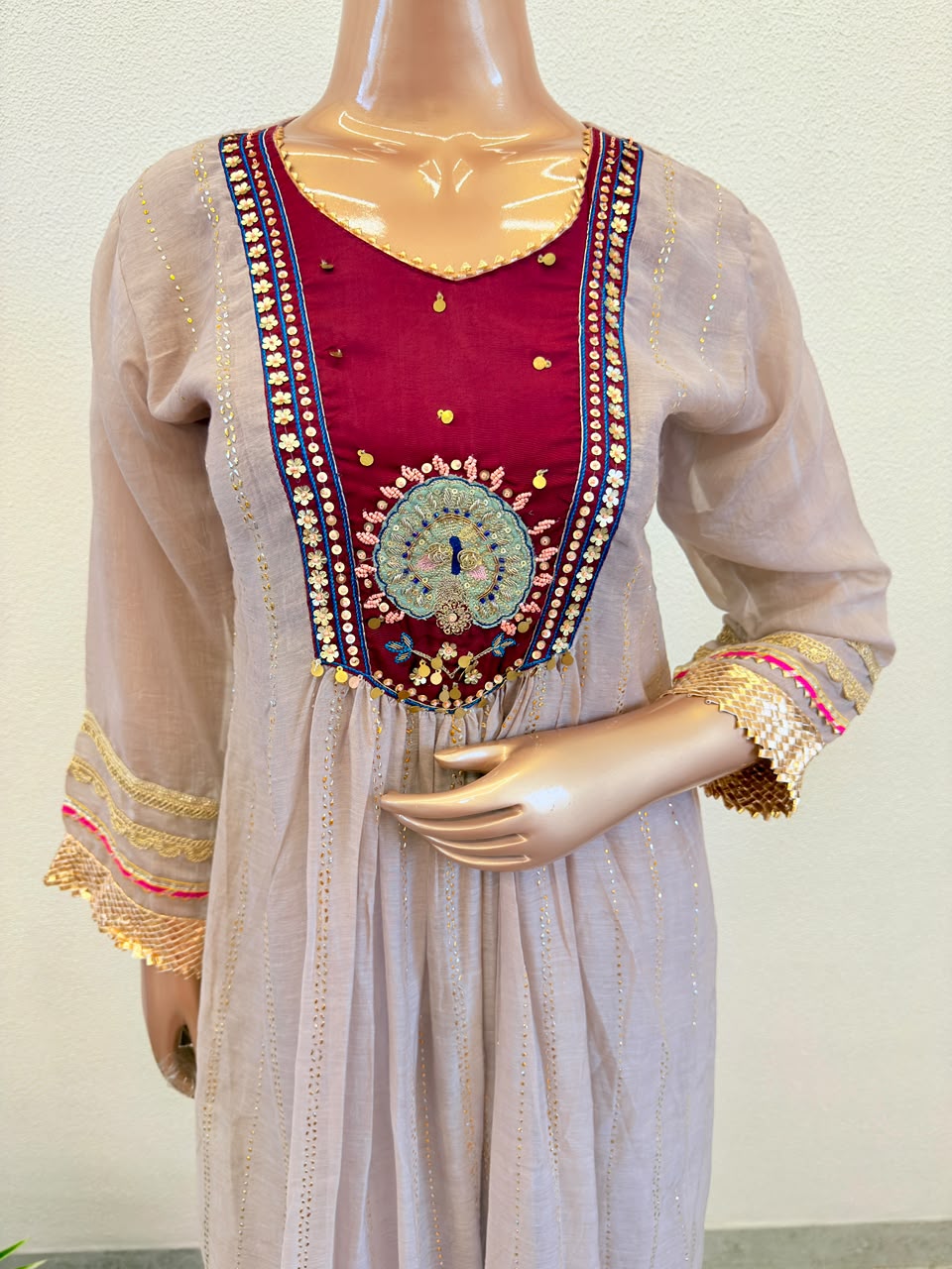 Mul Chanderi Frock Suit with Contrast Yoke And Mukaish Work