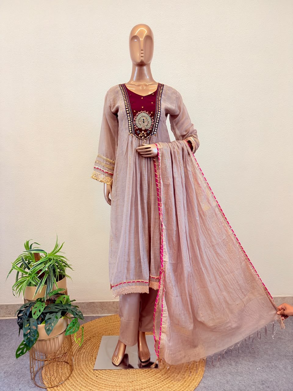 Mul Chanderi Frock Suit with Contrast Yoke And Mukaish Work