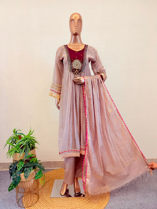 Mul Chanderi Frock Suit with Contrast Yoke And Mukaish Work