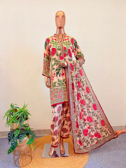 Floral Print Crepe Short Suit with Salwar & Dupatta- Beige
