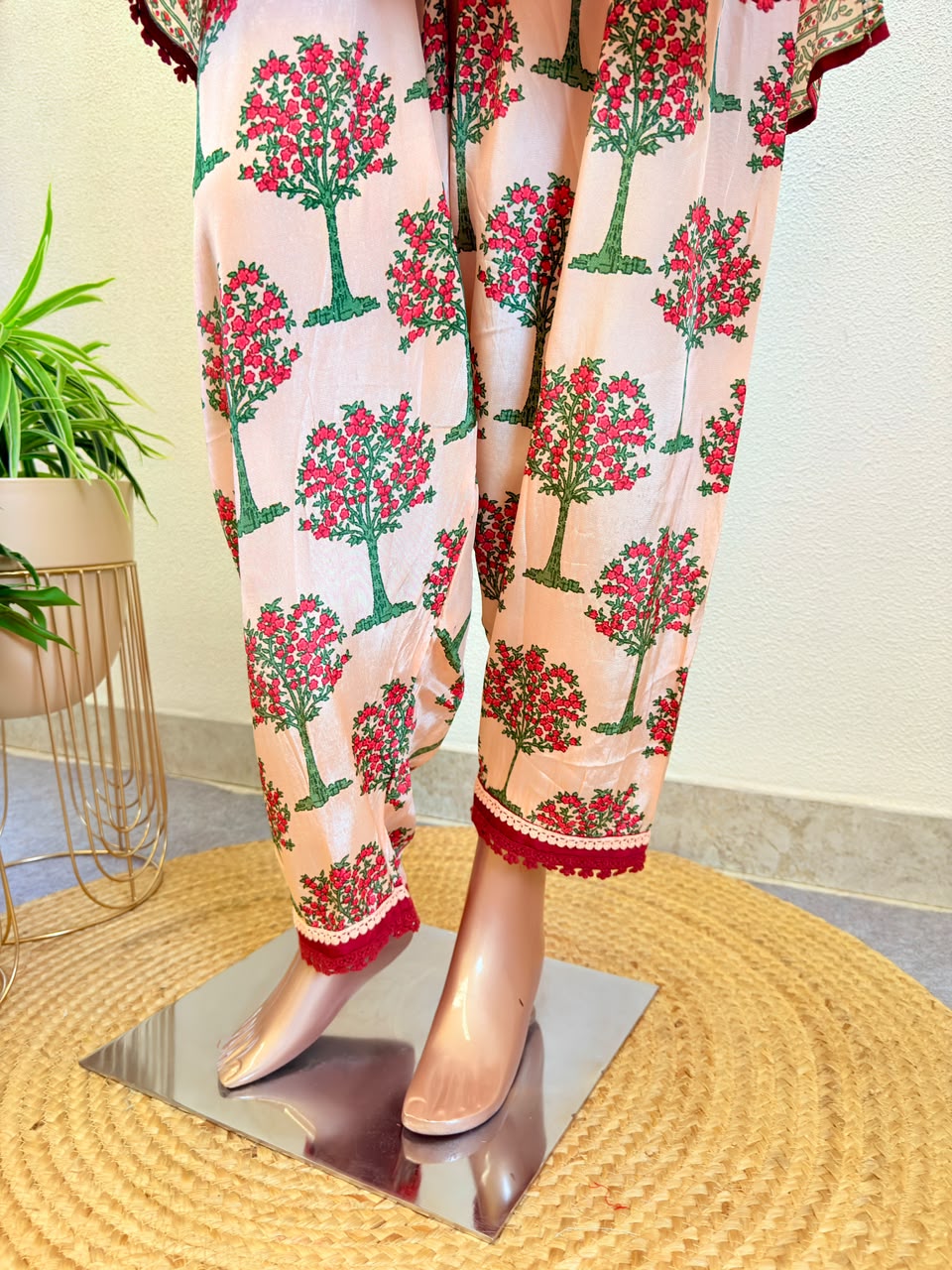 Floral Print Crepe Short Suit with Salwar & Dupatta- Beige