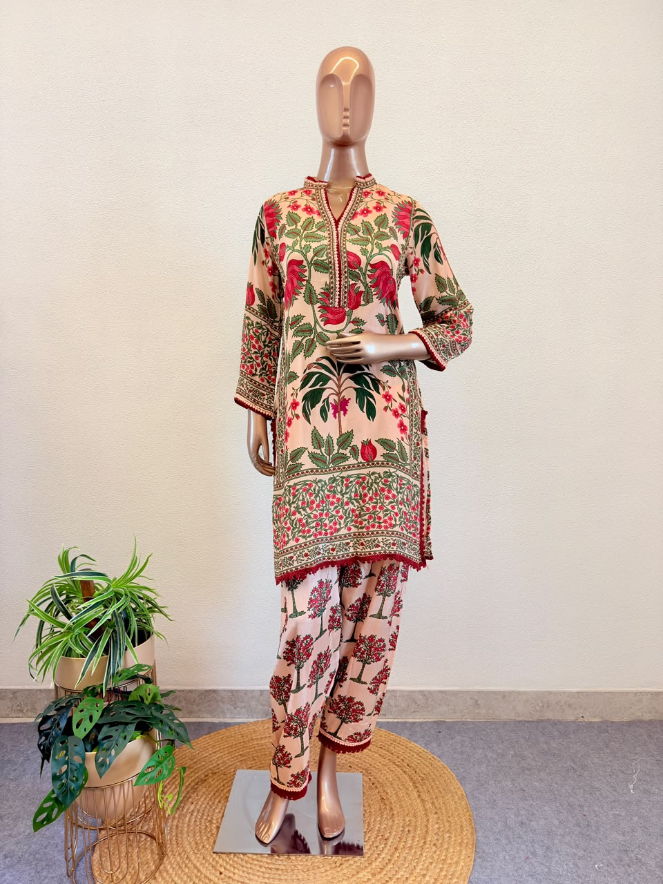 Floral Print Crepe Short Suit with Salwar & Dupatta- Beige
