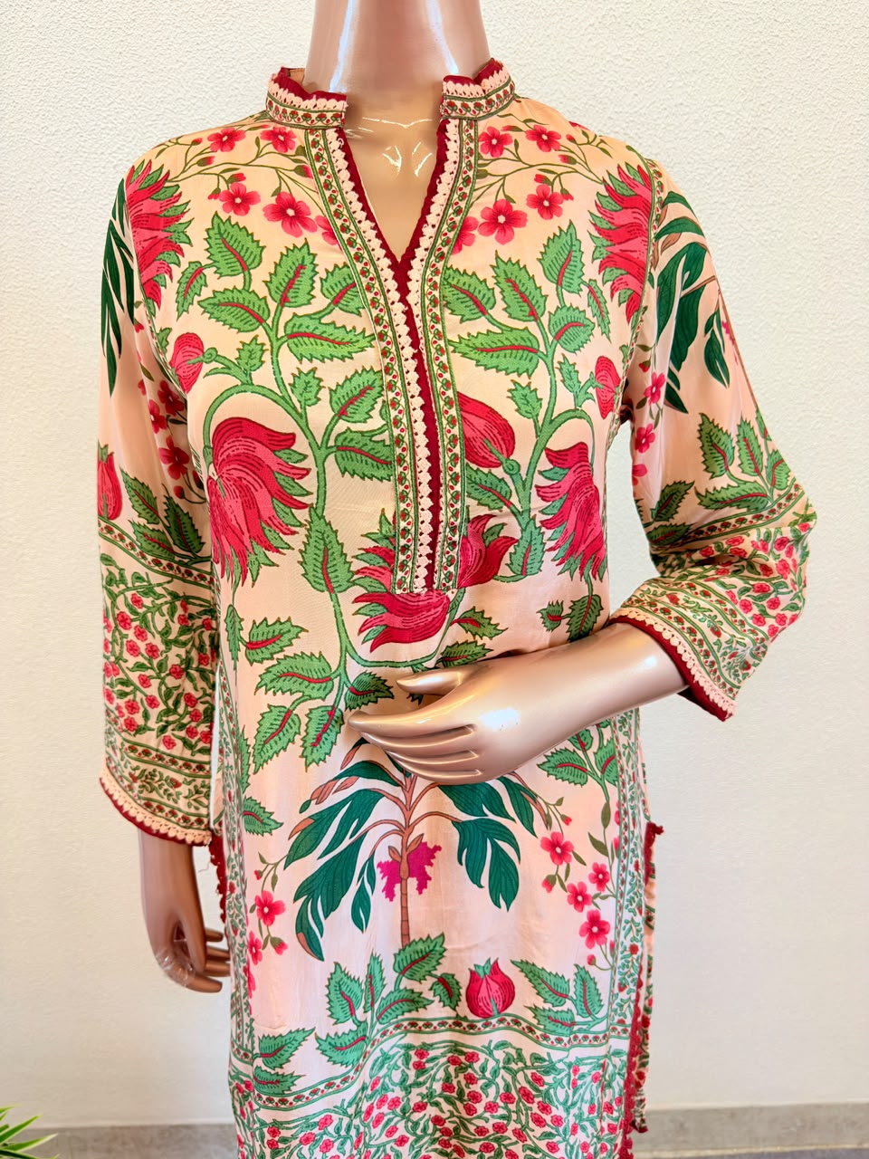 Floral Print Crepe Short Suit with Salwar & Dupatta- Beige