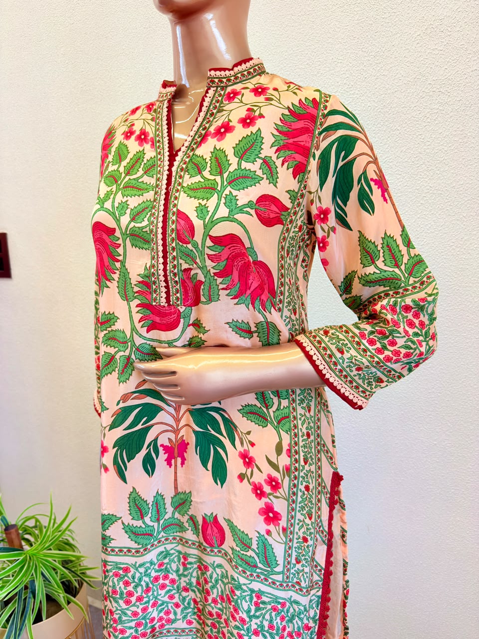 Floral Print Crepe Short Suit with Salwar & Dupatta- Beige
